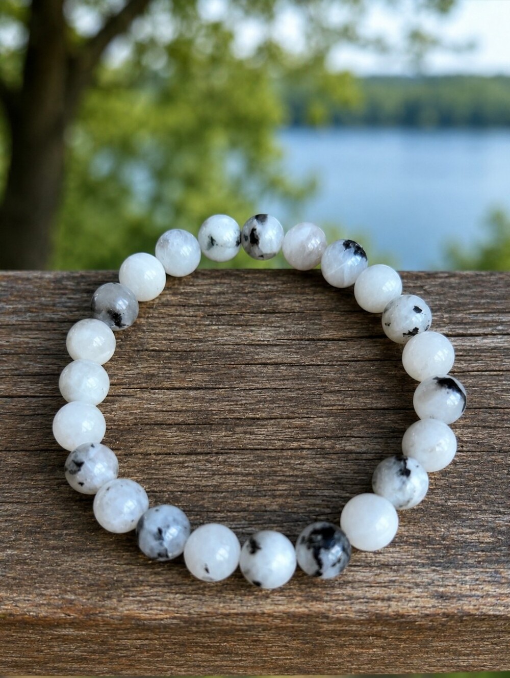 White Moonstone with Black Tourmaline Matrix Stretch Bracelet | Handmade